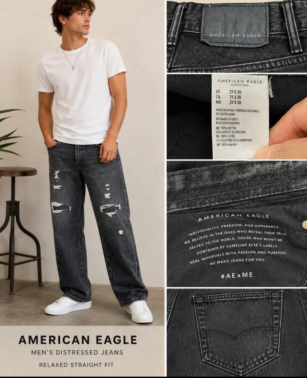 Baggy Loose Fit Relaxed American Eagle Men’s 29x27 Black Distressed Skater Jeans